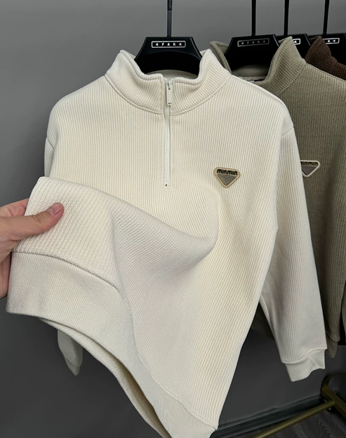 Modern Streetwear with Ridge Detailing – Quarter-Zip Pullover Polo T-Shirt