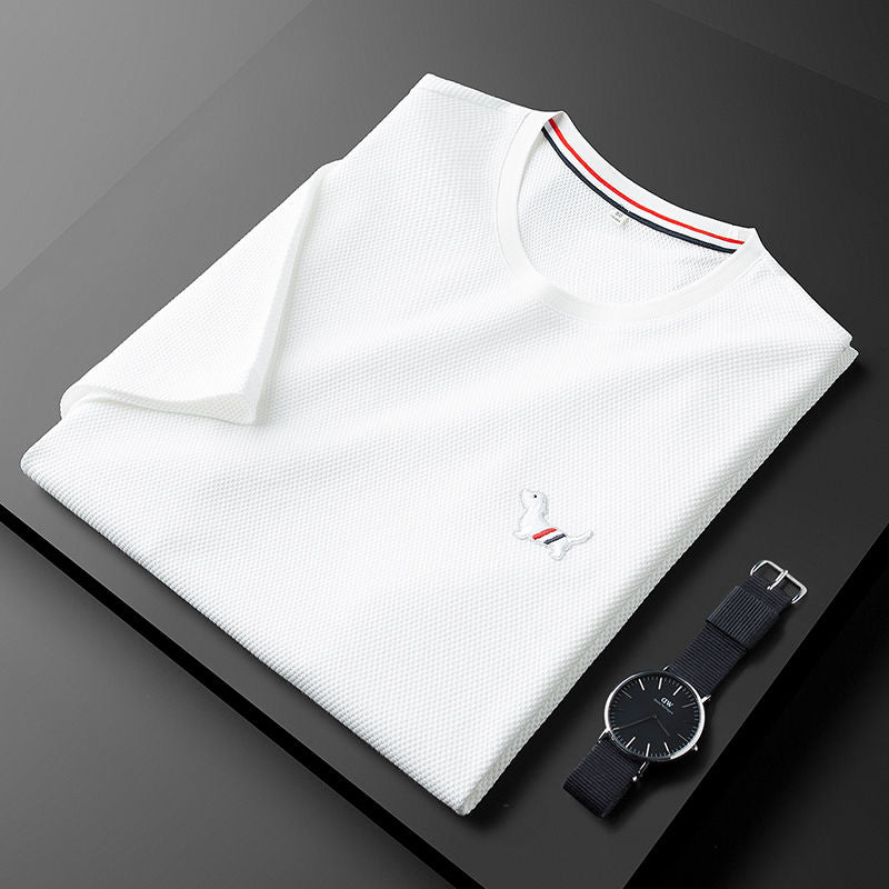 Dog Embroidered Hem Split Half Sleeve Men's T-shirt