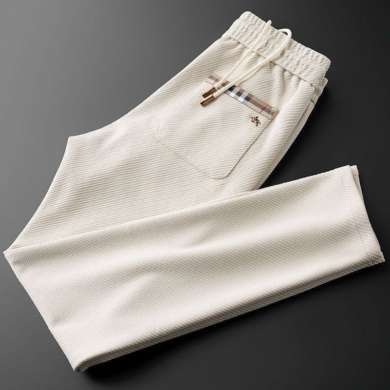 Ivory Luxe Full-Length Drawstring Pants with Designer-Inspired Check Detail & Horse Accent