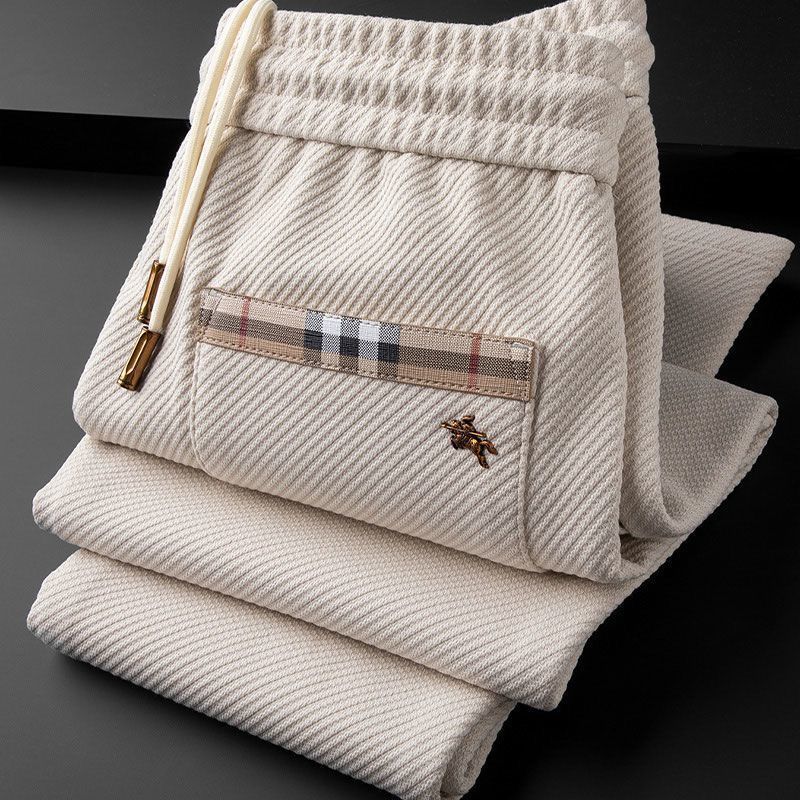 Ivory Luxe Full-Length Drawstring Pants with Designer-Inspired Check Detail & Horse Accent