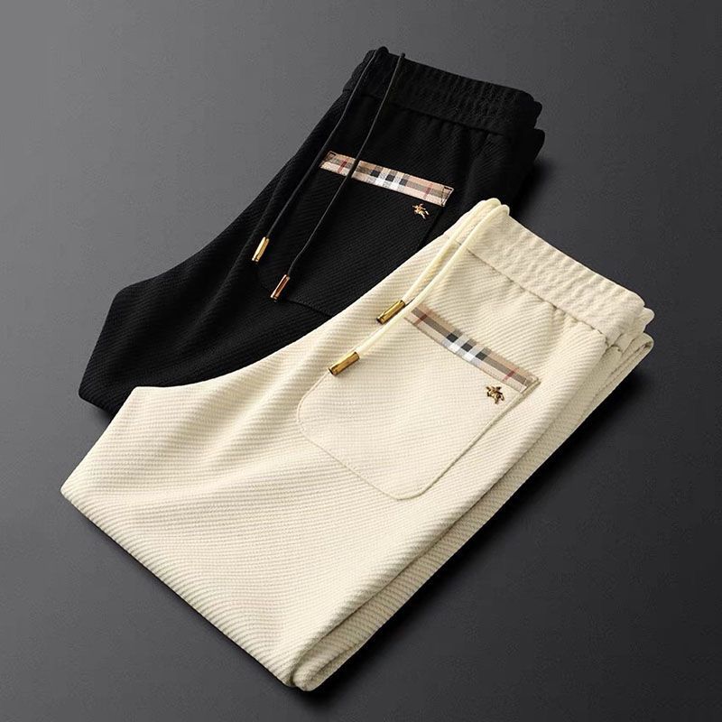Ivory Luxe Full-Length Drawstring Pants with Designer-Inspired Check Detail & Horse Accent